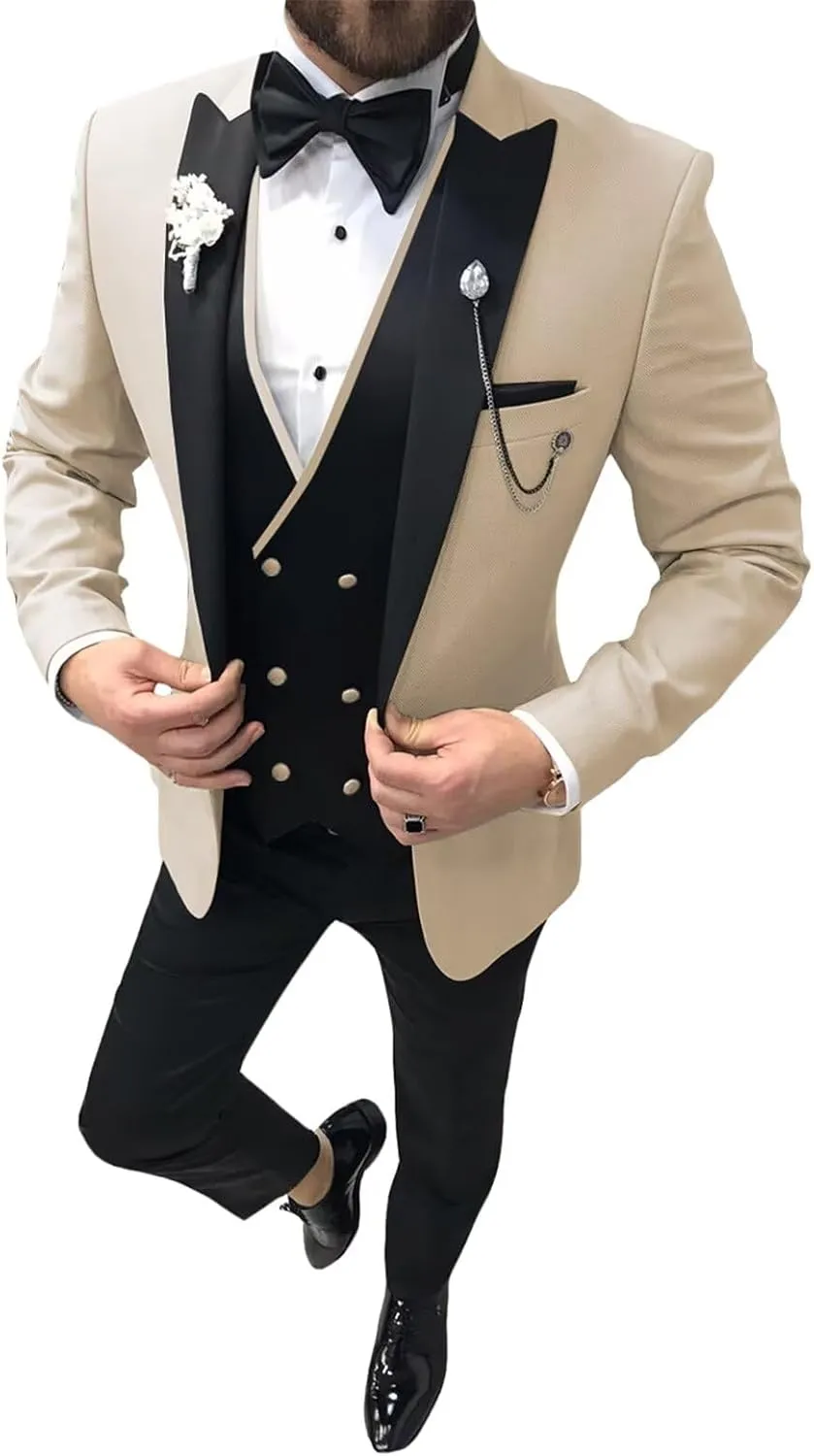 SHUZHXLZANGY Men Slim Fit Tuxedo Suit 3 Piece Double Breasted Suits for Men Wedding Prom