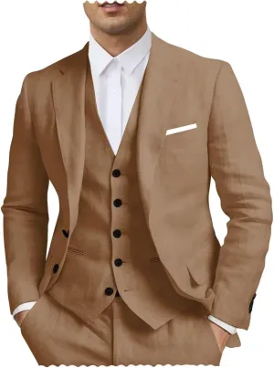 SHUZHXLZANGY Mens Linen Suits for Men 3 Piece Suit Regular Fit Linen Suit Men Summer Beach Wedding Suits