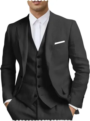 SHUZHXLZANGY Mens Linen Suits for Men 3 Piece Suit Regular Fit Linen Suit Men Summer Beach Wedding Suits