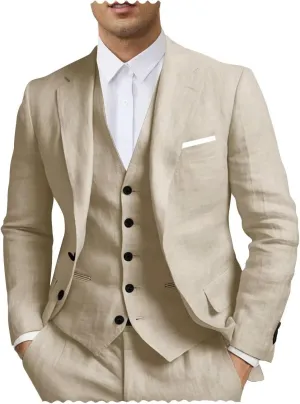SHUZHXLZANGY Mens Linen Suits for Men 3 Piece Suit Regular Fit Linen Suit Men Summer Beach Wedding Suits