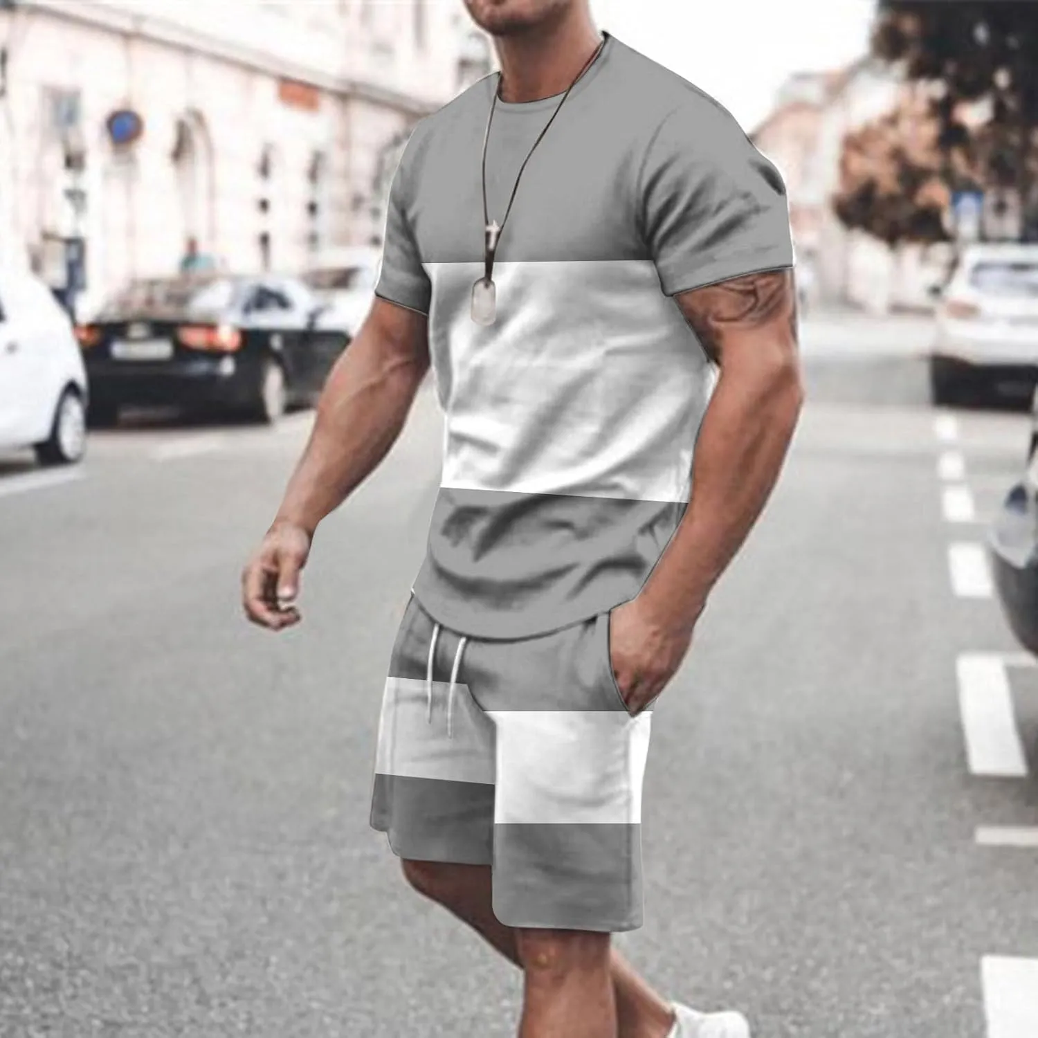 Sinzelimin Men's Workout Set Fashion Color Block Short Sleeves Crewneck T-Shirts and Athletic Shorts Two Piece Tracksuit Suit