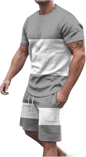 Sinzelimin Men's Workout Set Fashion Color Block Short Sleeves Crewneck T-Shirts and Athletic Shorts Two Piece Tracksuit Suit