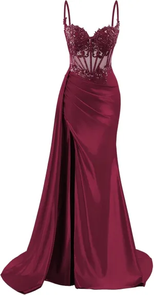 Spaghetti Strap Satin Prom Dresses Long Mermaid Lace Formal Gowns Corset Evening Party Dresses with Slit
