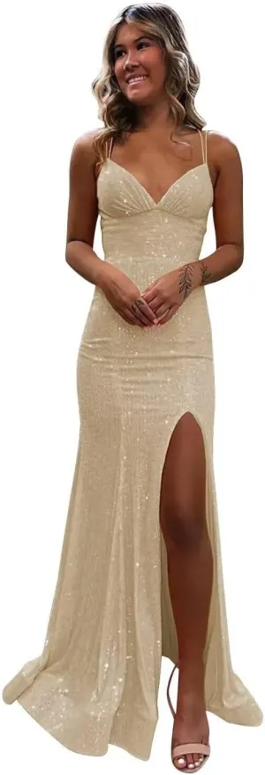 Spaghetti Strap Sequin Prom Dress 2025 Long V Neck Mermaid Glitter Formal Dresses Evening Gowns with Slit
