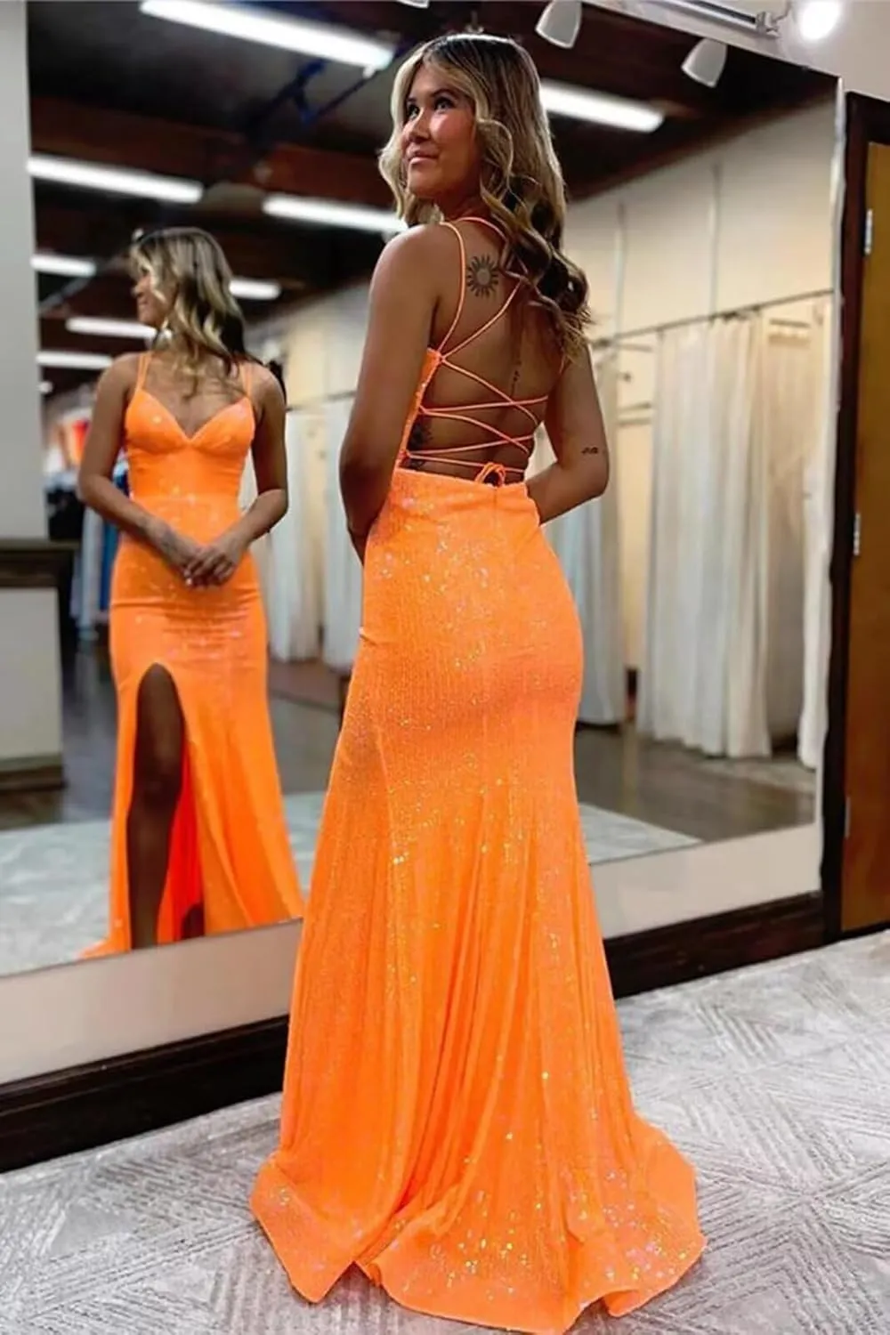 Spaghetti Strap Sequin Prom Dress 2025 Long V Neck Mermaid Glitter Formal Dresses Evening Gowns with Slit