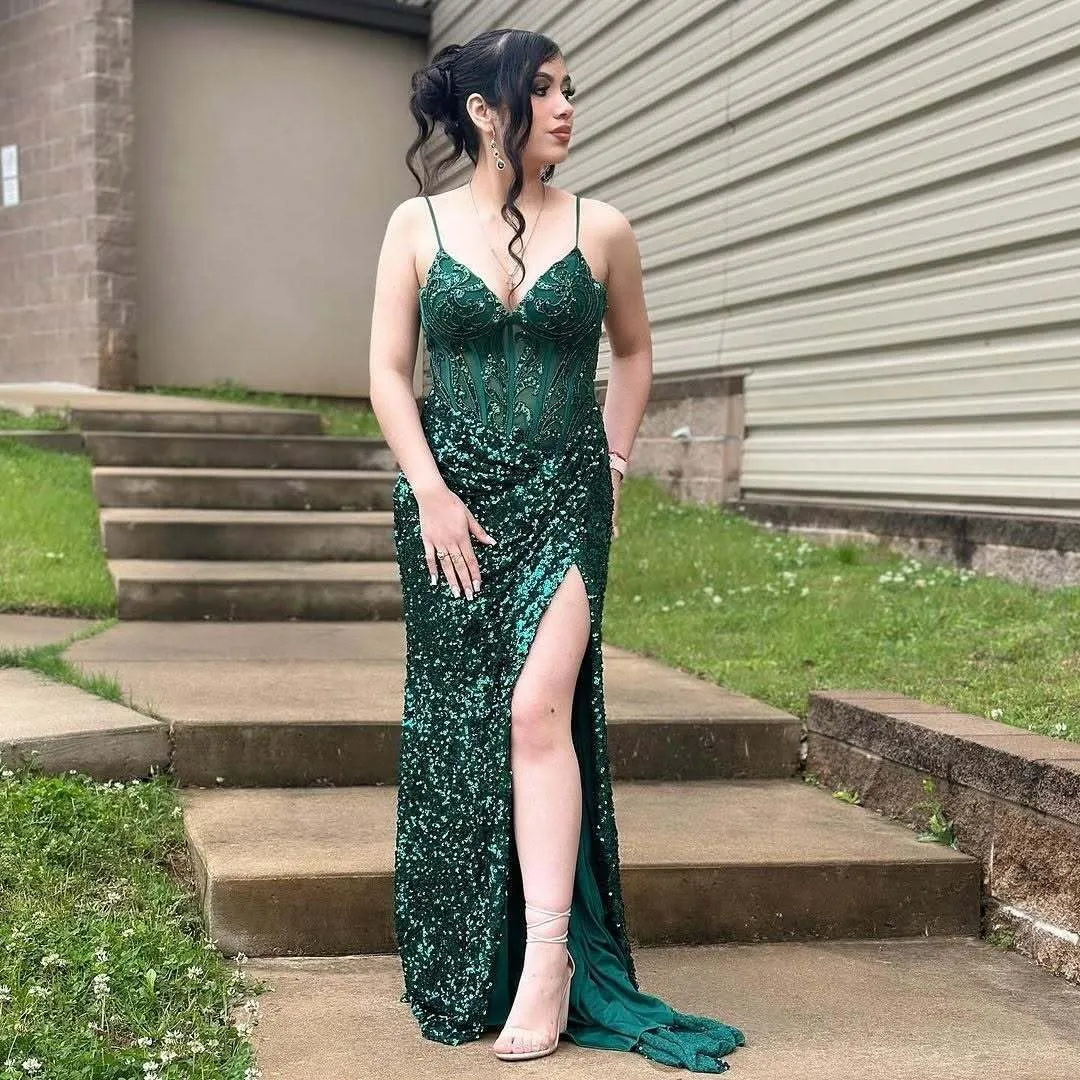 Spaghetti Strap Sequin Prom Dresses with Slit 2025 Sparkly Lace Appliques Mermaid Formal Evening Gown for Women