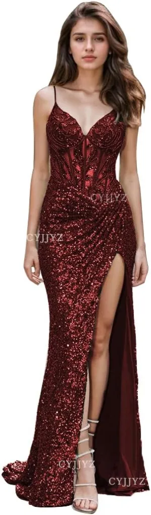 Spaghetti Strap Sequin Prom Dresses with Slit 2025 Sparkly Lace Appliques Mermaid Formal Evening Gown for Women