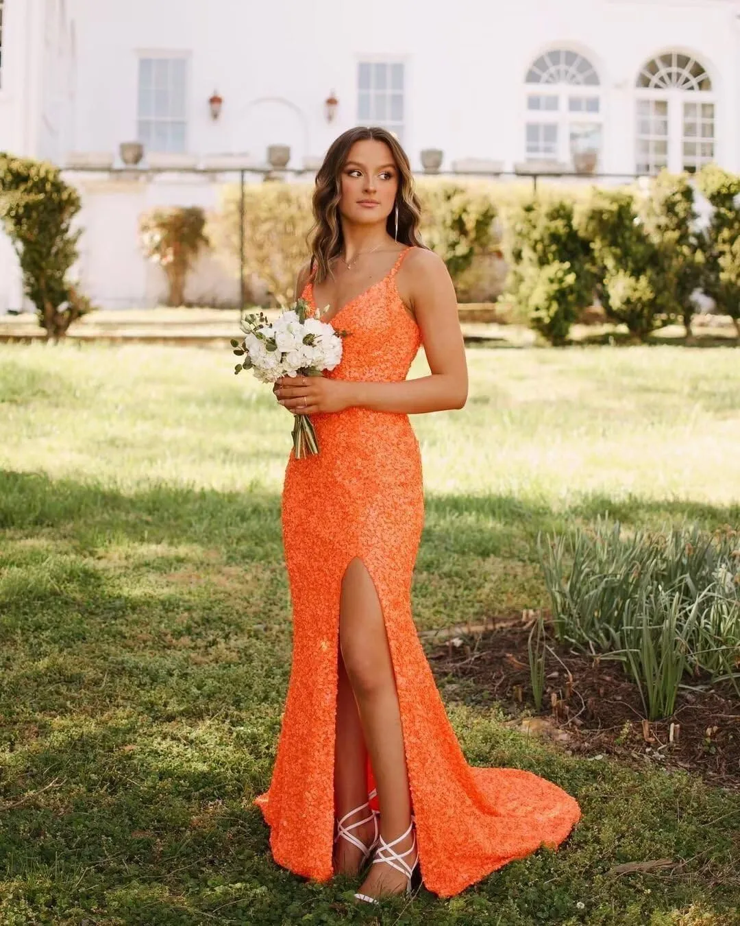 Spaghetti Straps Sequin Prom Dresses 2025 Mermaid Formal Evening Gown V Neck Sparkly Party Dress with Slit