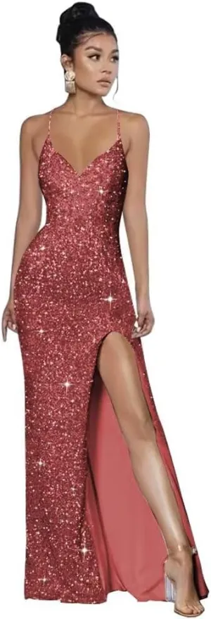 Spaghetti Straps Sequin Prom Dresses 2025 Mermaid Formal Evening Gown V Neck Sparkly Party Dress with Slit