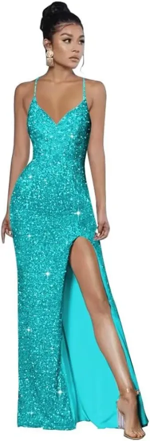 Spaghetti Straps Sequin Prom Dresses 2025 Mermaid Formal Evening Gown V Neck Sparkly Party Dress with Slit