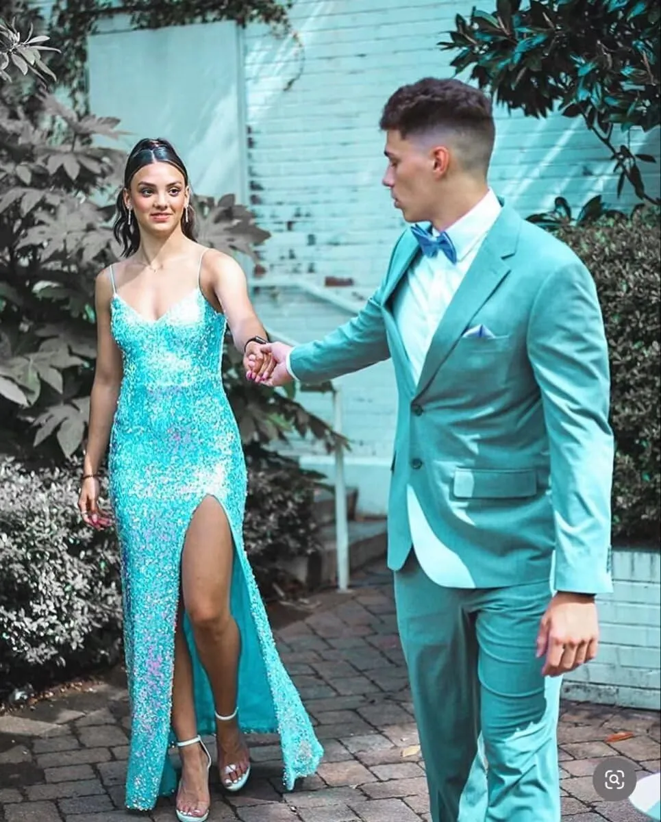 Spaghetti Straps Sequin Prom Dresses 2025 Mermaid Formal Evening Gown V Neck Sparkly Party Dress with Slit