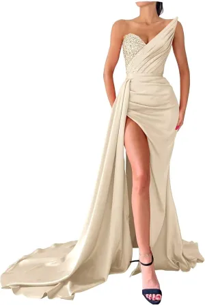 Strapless Mermaid Prom Dresses Long Sequin Beaded V Neck Satin Pleated Split Bodycon Formal Evening Party Gowns with Train