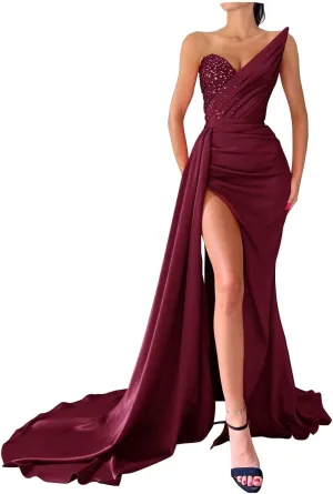 Strapless Mermaid Prom Dresses Long Sequin Beaded V Neck Satin Pleated Split Bodycon Formal Evening Party Gowns with Train