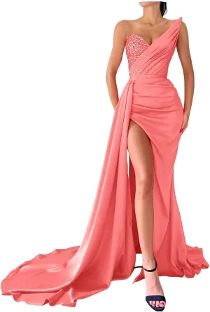 Strapless Mermaid Prom Dresses Long Sequin Beaded V Neck Satin Pleated Split Bodycon Formal Evening Party Gowns with Train