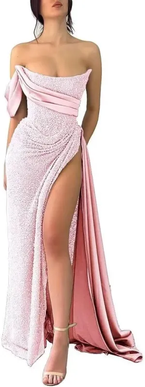 Strapless Sequin Prom Dresses 2025 Mermaid Bodycon Long Satin Evening Formal Dress with Slit