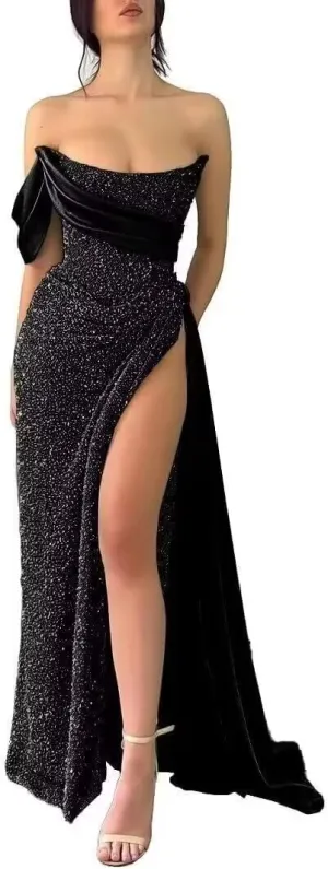 Strapless Sequin Prom Dresses 2025 Mermaid Bodycon Long Satin Evening Formal Dress with Slit
