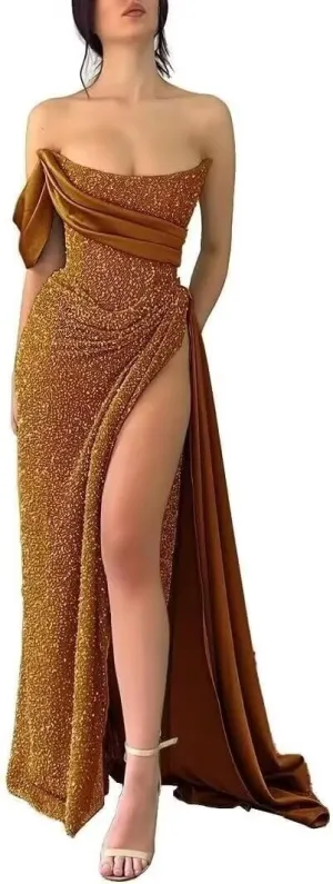 Strapless Sequin Prom Dresses 2025 Mermaid Bodycon Long Satin Evening Formal Dress with Slit