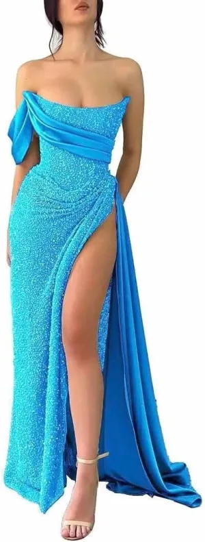 Strapless Sequin Prom Dresses 2025 Mermaid Bodycon Long Satin Evening Formal Dress with Slit
