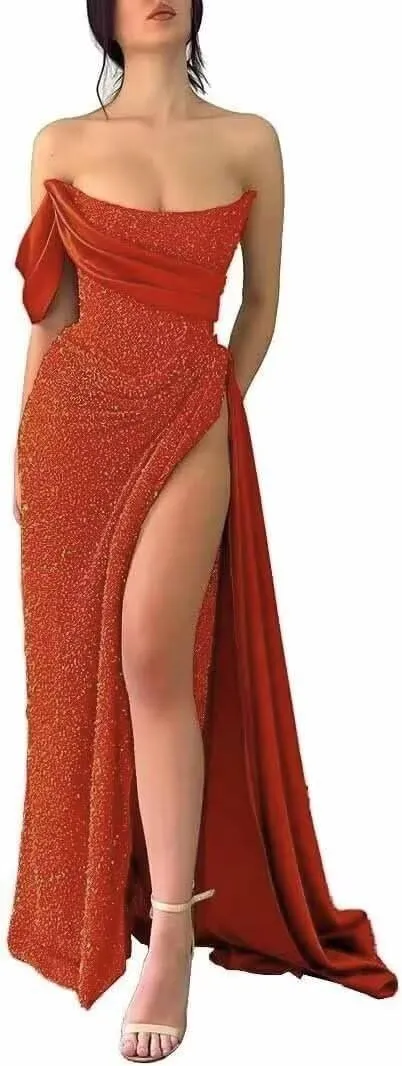 Strapless Sequin Prom Dresses 2025 Mermaid Bodycon Long Satin Evening Formal Dress with Slit
