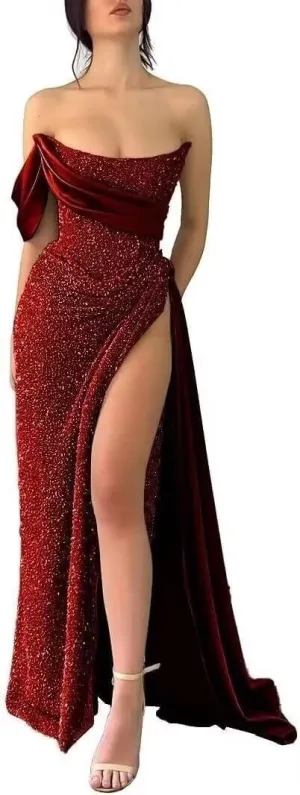 Strapless Sequin Prom Dresses 2025 Mermaid Bodycon Long Satin Evening Formal Dress with Slit