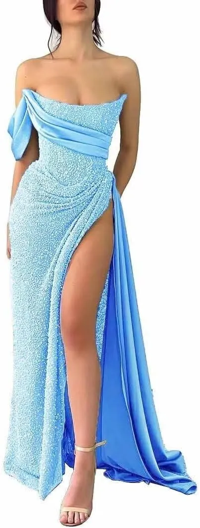 Strapless Sequin Prom Dresses 2025 Mermaid Bodycon Long Satin Evening Formal Dress with Slit
