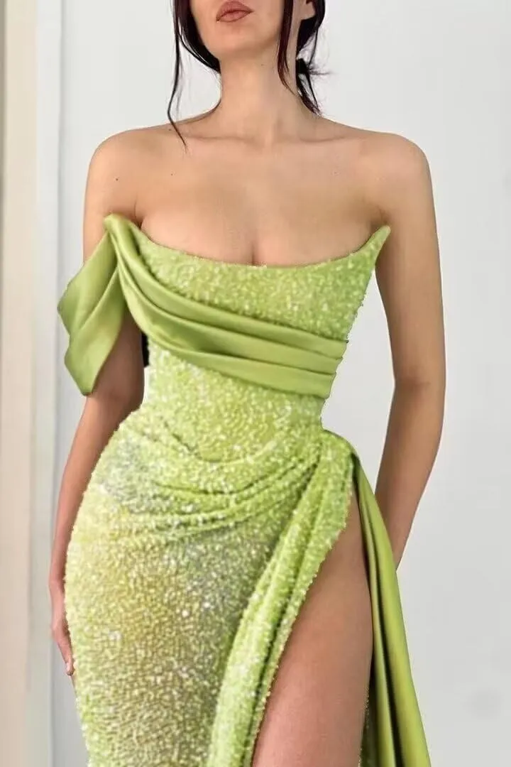Strapless Sequin Prom Dresses 2025 Mermaid Bodycon Long Satin Evening Formal Dress with Slit