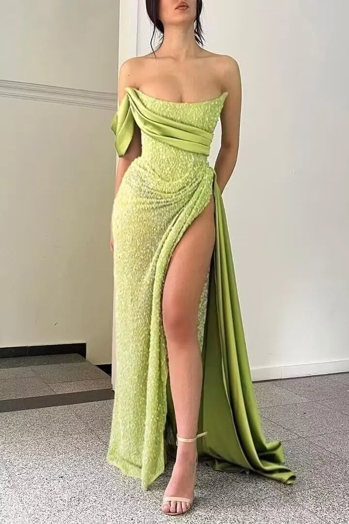 Strapless Sequin Prom Dresses 2025 Mermaid Bodycon Long Satin Evening Formal Dress with Slit