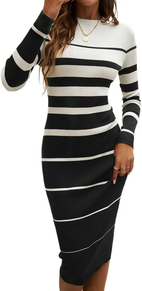 Sumleno 2025 Women's Fashion Striped Dress Long Sleeve Crew Neck Bodycon Midi Dress Ribbed Knit Slim Fit Sweater Dress