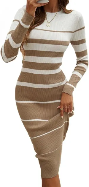 Sumleno 2025 Women's Fashion Striped Dress Long Sleeve Crew Neck Bodycon Midi Dress Ribbed Knit Slim Fit Sweater Dress