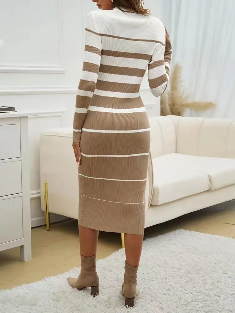 Sumleno 2025 Women's Fashion Striped Dress Long Sleeve Crew Neck Bodycon Midi Dress Ribbed Knit Slim Fit Sweater Dress