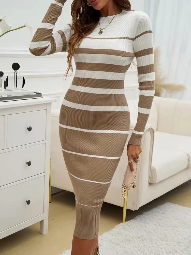 Sumleno 2025 Women's Fashion Striped Dress Long Sleeve Crew Neck Bodycon Midi Dress Ribbed Knit Slim Fit Sweater Dress