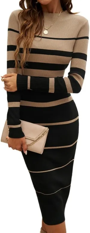 Sumleno 2025 Women's Fashion Striped Dress Long Sleeve Crew Neck Bodycon Midi Dress Ribbed Knit Slim Fit Sweater Dress