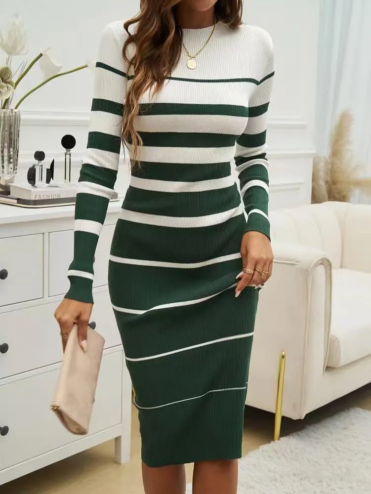 Sumleno 2025 Women's Fashion Striped Dress Long Sleeve Crew Neck Bodycon Midi Dress Ribbed Knit Slim Fit Sweater Dress