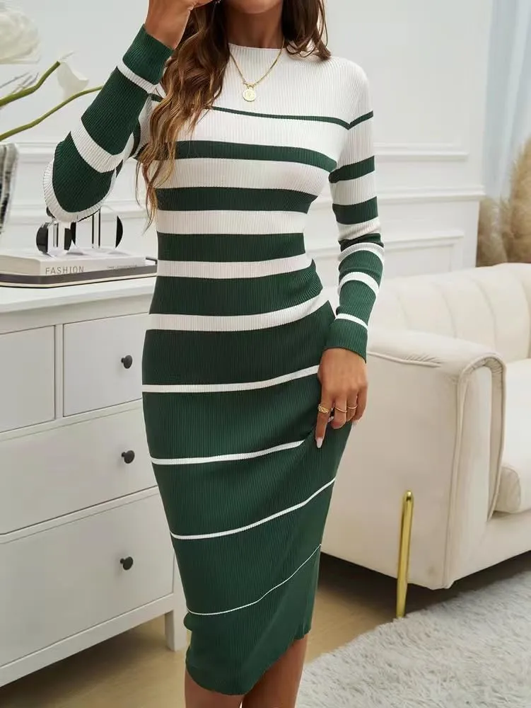 Sumleno 2025 Women's Fashion Striped Dress Long Sleeve Crew Neck Bodycon Midi Dress Ribbed Knit Slim Fit Sweater Dress