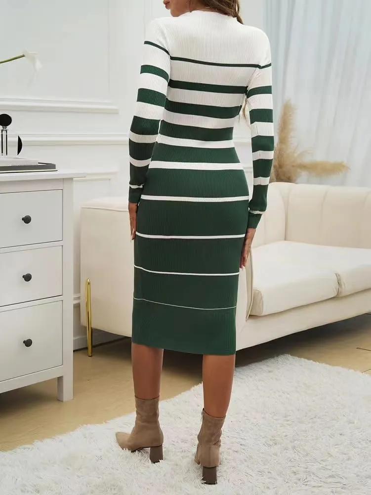 Sumleno 2025 Women's Fashion Striped Dress Long Sleeve Crew Neck Bodycon Midi Dress Ribbed Knit Slim Fit Sweater Dress