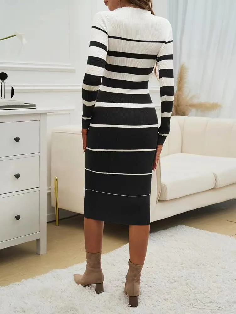 Sumleno 2025 Women's Fashion Striped Dress Long Sleeve Crew Neck Bodycon Midi Dress Ribbed Knit Slim Fit Sweater Dress