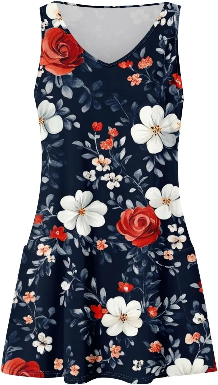 Summer Dresses for Women 2025 Sleeveless Sundress Printed V Neck Tank Dress Loose Fit Beach Vacation Dress with Pockets