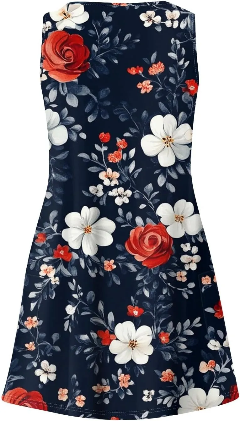 Summer Dresses for Women 2025 Sleeveless Sundress Printed V Neck Tank Dress Loose Fit Beach Vacation Dress with Pockets