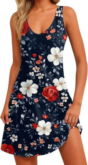 Summer Dresses for Women 2025 Sleeveless Sundress Printed V Neck Tank Dress Loose Fit Beach Vacation Dress with Pockets
