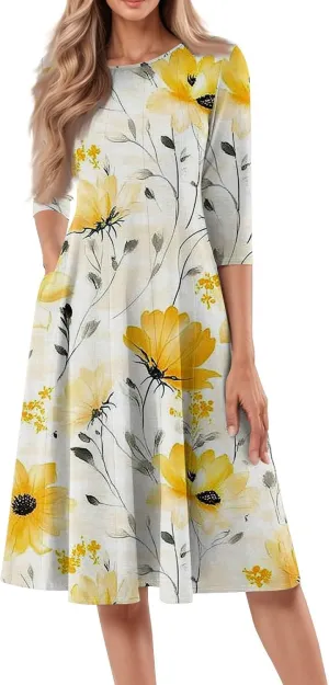 Summer Dresses for Women Beach Flowy Tshirt Dress Aline Casual 3/4 Sleeve Dress Floral Midi Dresses with Pockets