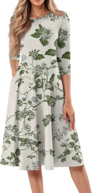 Summer Dresses for Women Beach Flowy Tshirt Dress Aline Casual 3/4 Sleeve Dress Floral Midi Dresses with Pockets