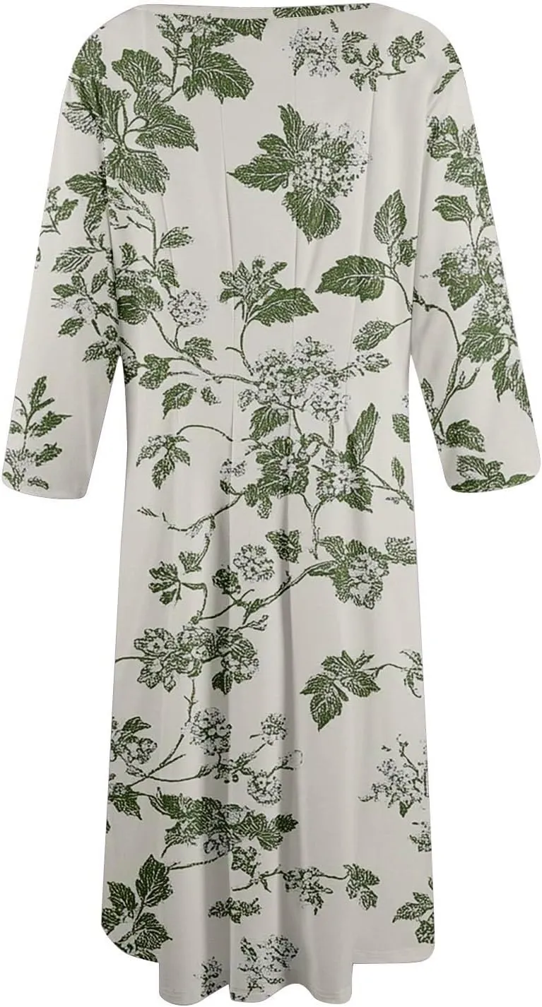 Summer Dresses for Women Beach Flowy Tshirt Dress Aline Casual 3/4 Sleeve Dress Floral Midi Dresses with Pockets