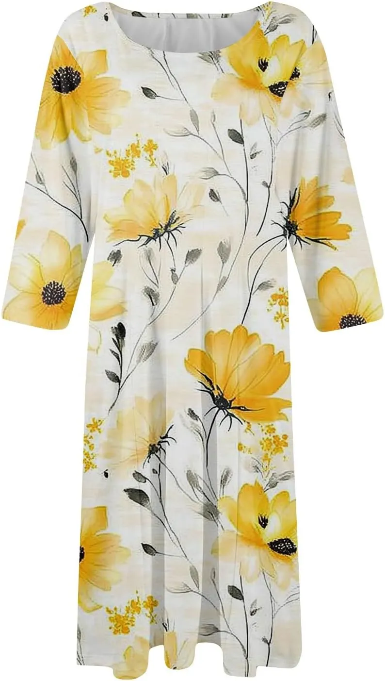 Summer Dresses for Women Beach Flowy Tshirt Dress Aline Casual 3/4 Sleeve Dress Floral Midi Dresses with Pockets