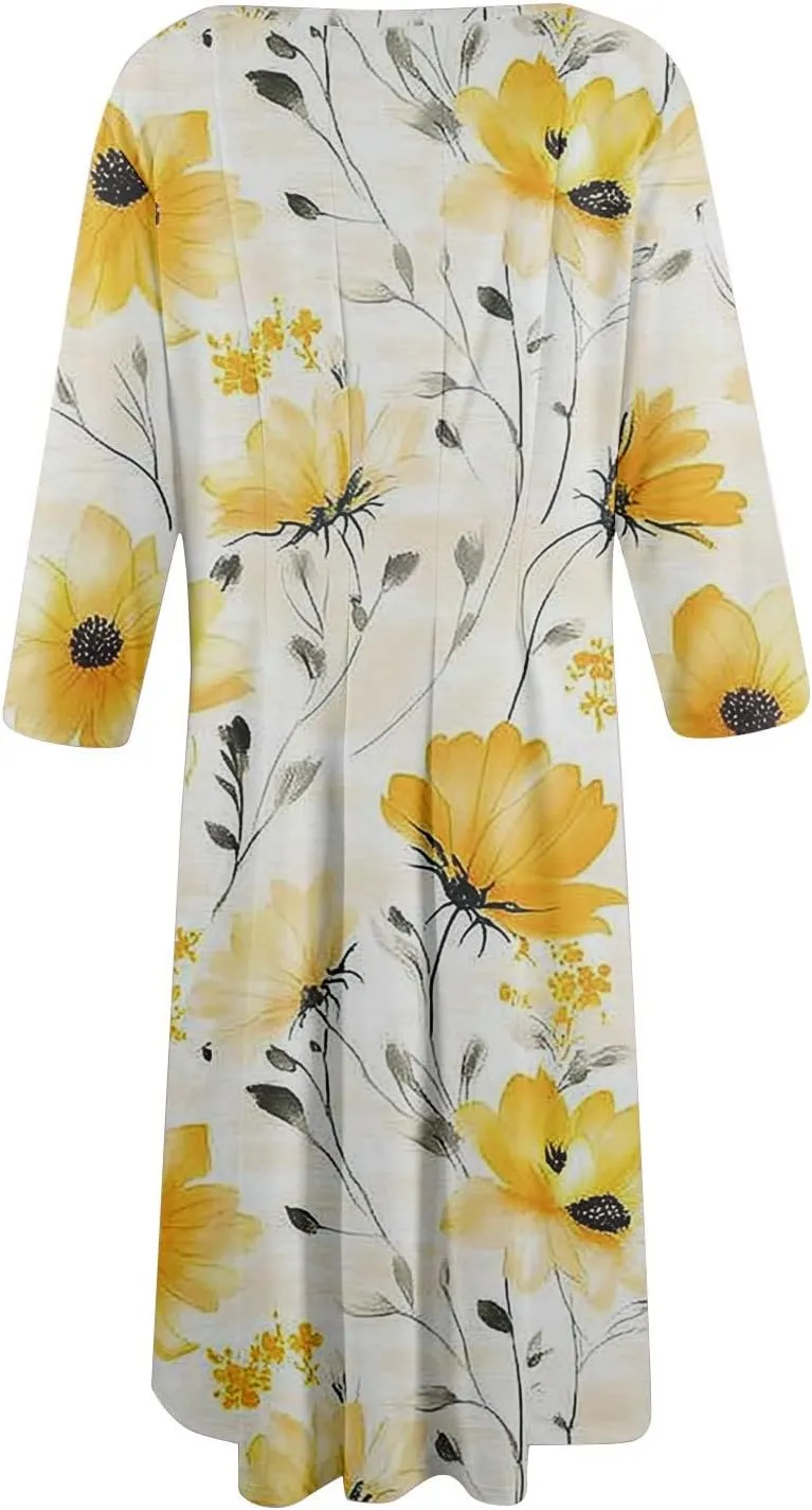 Summer Dresses for Women Beach Flowy Tshirt Dress Aline Casual 3/4 Sleeve Dress Floral Midi Dresses with Pockets