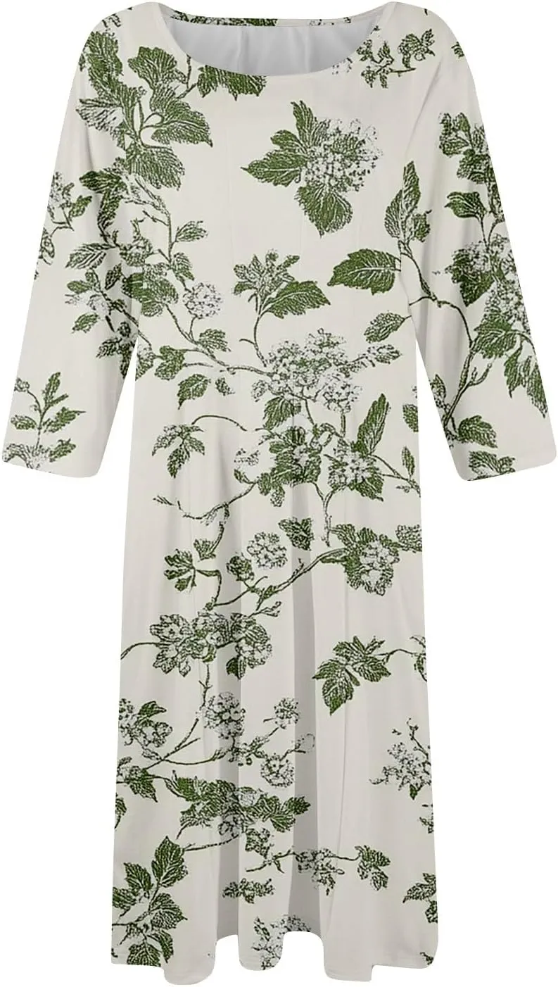 Summer Dresses for Women Beach Flowy Tshirt Dress Aline Casual 3/4 Sleeve Dress Floral Midi Dresses with Pockets