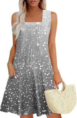 Summer Dresses for Women Flowy Sundresses Prited Casual Sleeveless Mini Dress Beach Tshirt Tank Dresses with Pockets