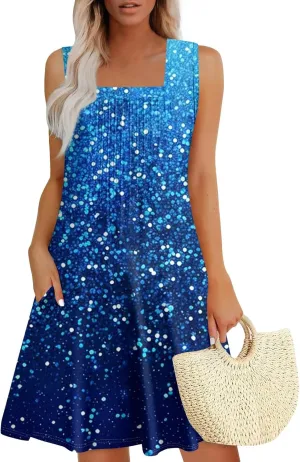 Summer Dresses for Women Flowy Sundresses Prited Casual Sleeveless Mini Dress Beach Tshirt Tank Dresses with Pockets