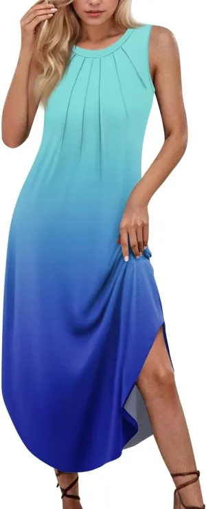 Summer Dresses for Women Loose Sundresses Prited Beach Tshirt Tank Dresses Casual Sleeveless Maxi Long Dress with Pockets