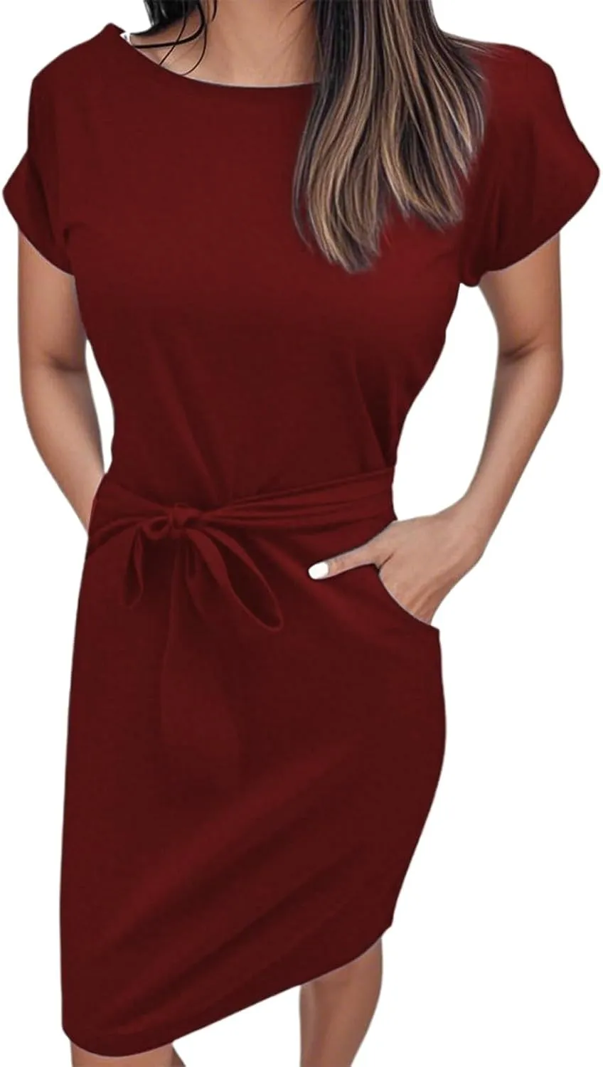 Summer Work Casual T-Shirt Dress for Women Bodycon Belted Midi Dress with Tie Waist & Pockets Business Dresses