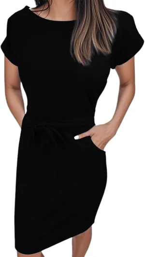 Summer Work Casual T-Shirt Dress for Women Bodycon Belted Midi Dress with Tie Waist & Pockets Business Dresses